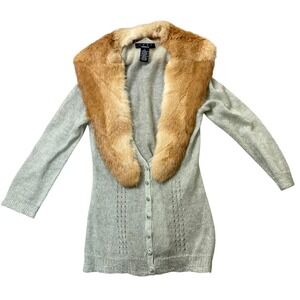 Luxe Arden B Mohair Blend Cardigan Trim Rabbit Fur Large Button Front 3/4 Sleeve